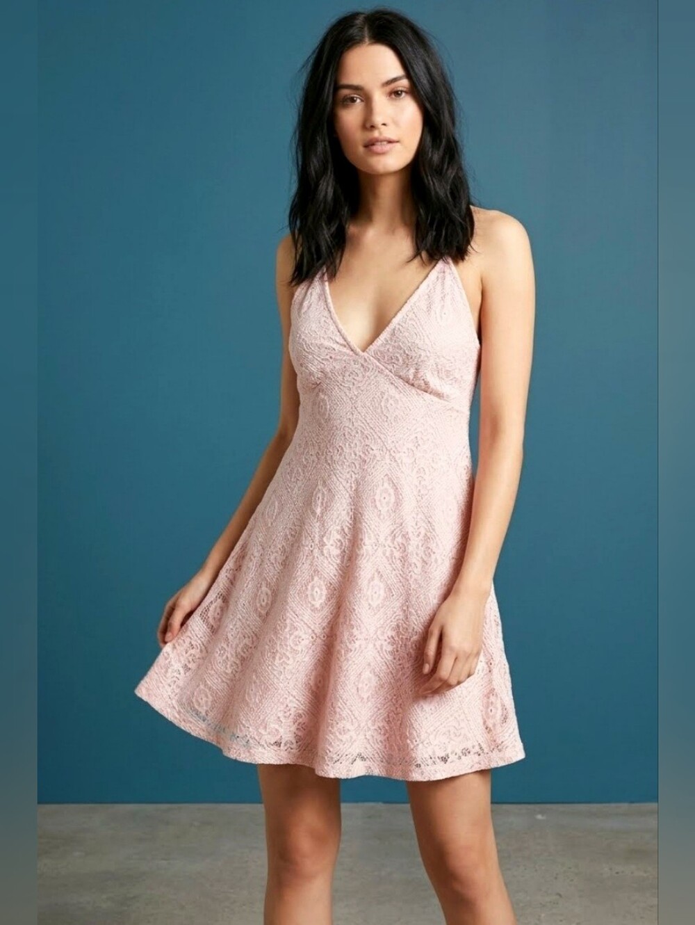 Forever 21 Blush Pink Lace Mini Dress Crochet T Back Boho Skater Fit Flare Med